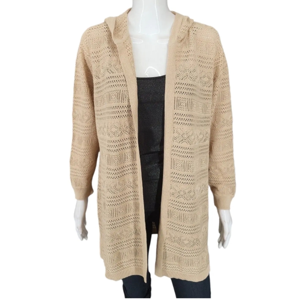 Joan Rivers Crochet Hooded Open Cardigan Medium Sz Beige Modern Top w Si…